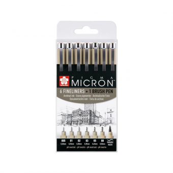 Sakura Pigma Micron 6 Fineliners Black + 1 Brush set 