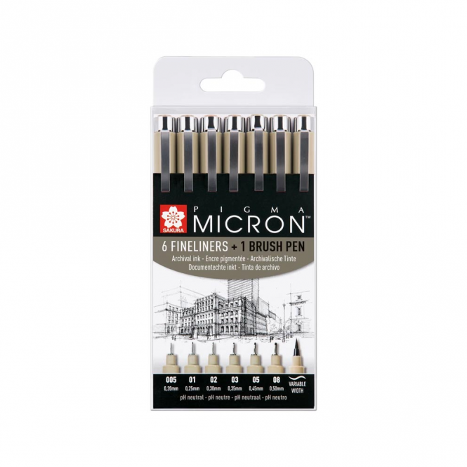 Sakura Pigma Micron 6 Fineliners Black + 1 Brush set 